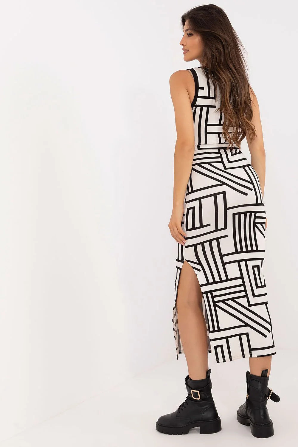 Robe de jour Lakerta, robe crayon midi sans manches, encolure en cœur, motif géométrique, ceinture assortie, tissu doux et élastique, femmes élégance et confort