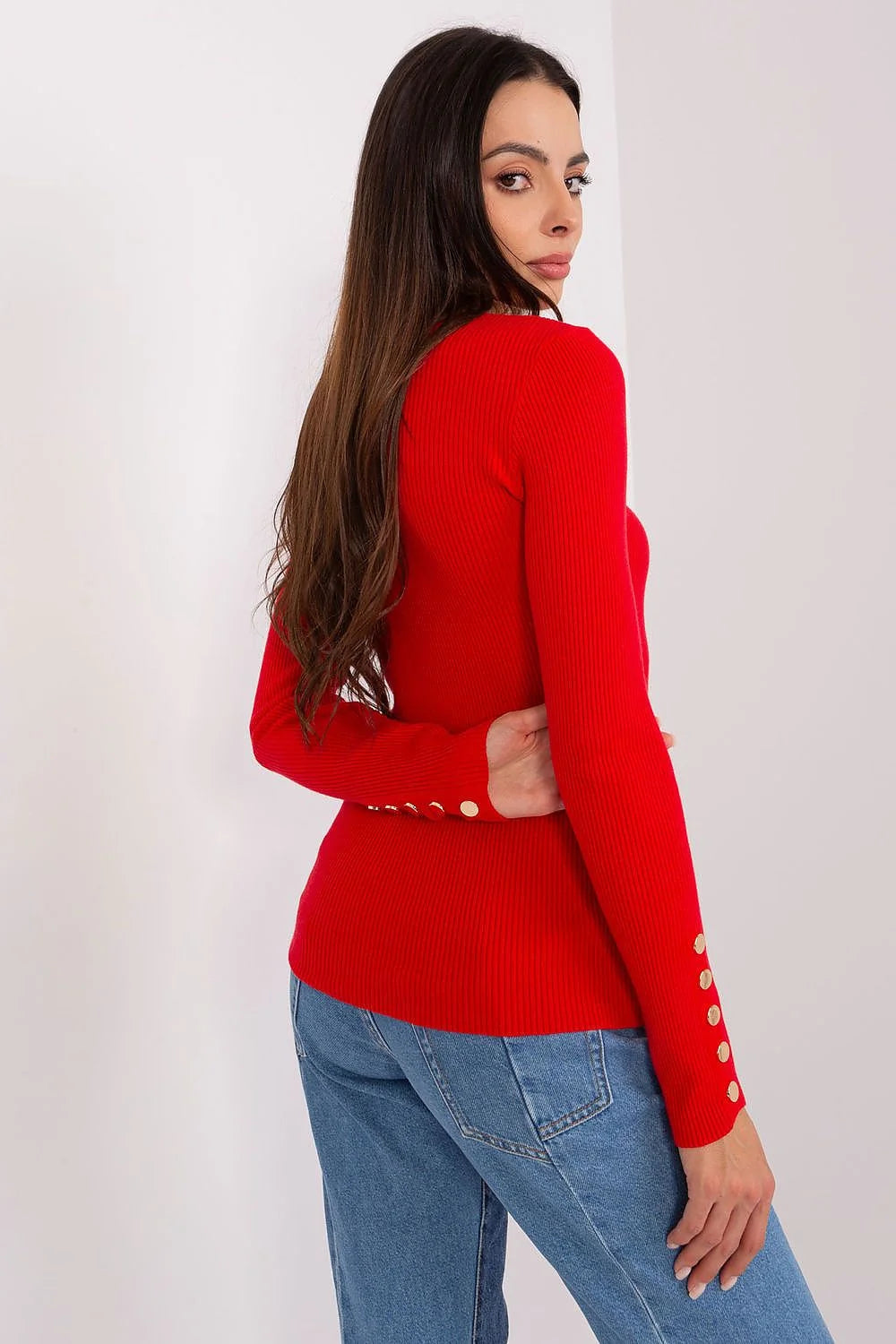 Pull femme moderne élégant tricot côtelé rouge vif manches longues ajusté occasions décontractées formelles