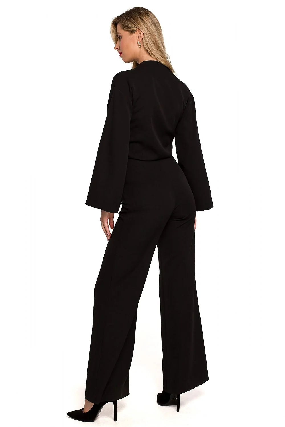 Combinaison Makover féminine élégante en polyester et élasthanne manches longues évasées encolure V croisée taille ajustable occasion spéciale
