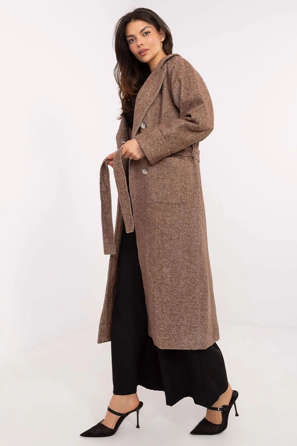 Manteau élégant pour femme longue manches longues double boutonnage motif rayures laine marron clair polyvalent saison automne hiver printemps