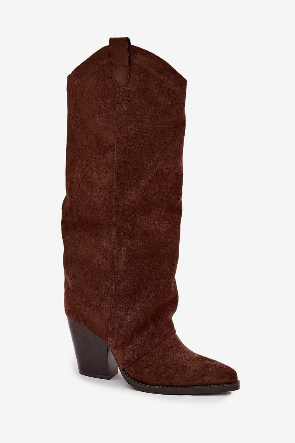 bottes hautes femme suédine écologique marron chocolat western talon bloc stable pointu effilé fermeture zippée semelle coutures confort élégant