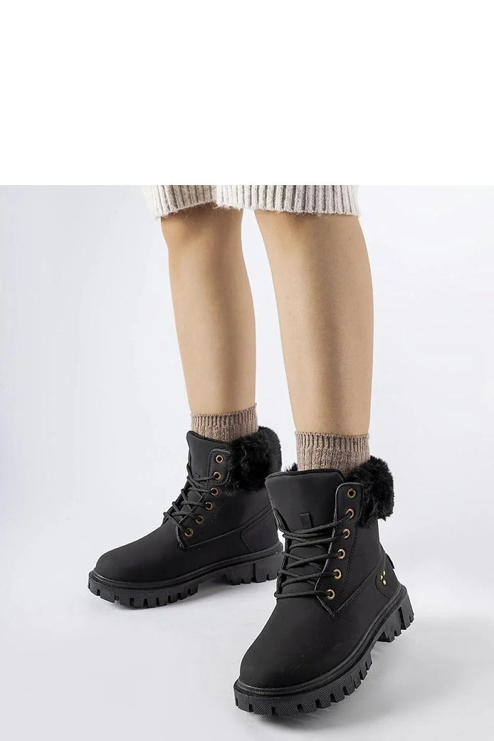 Bottes Solea femmes simili-cuir noir fausse fourrure hiver haute cheville lacets métal doré adhérence glisse occasion automne-hiver mode élégant