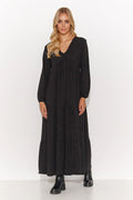 Robe de jour Makadamia longue ample encolure en V manches longues bouffantes couleur noire boho chic femme