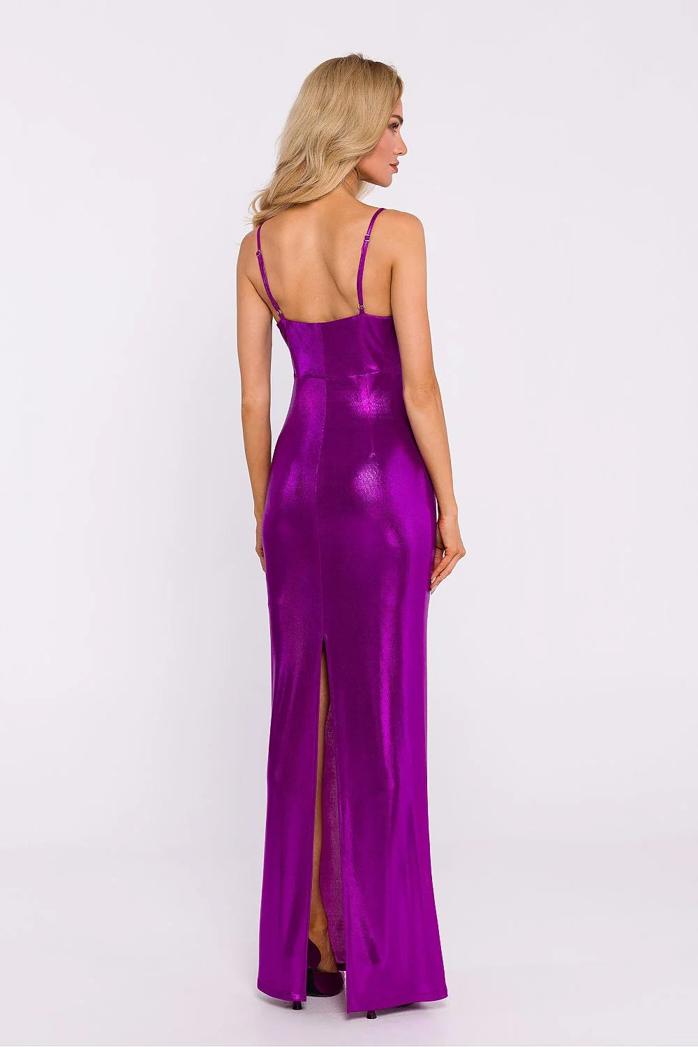 Robe longue élégante en satin violet pour soirée dos plongeant fente latérale ajustée femme