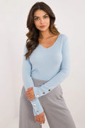 pull femme décontracté manches longues col V viscose polyamide polyester doux extensible coupe ajustée bleu ciel boutons argentés