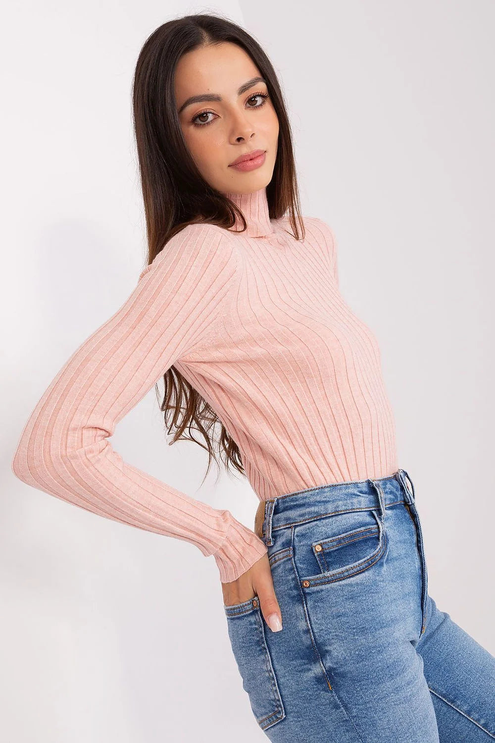 Pull à col roulé féminin en viscose côtelée rose pâle ajusté manches longues élégant pour femmes