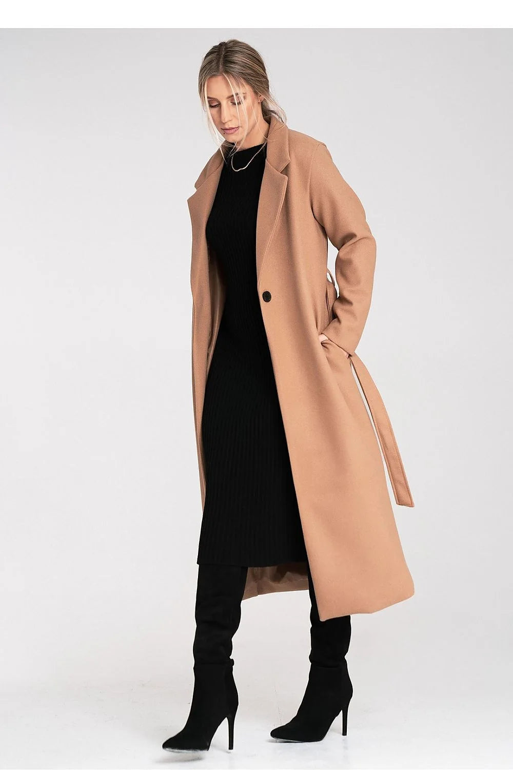 manteau long femme ceinturé camel effet laine coupe droite oversize col tailleur revers classique épuré mi mollet poches latérales discrètes