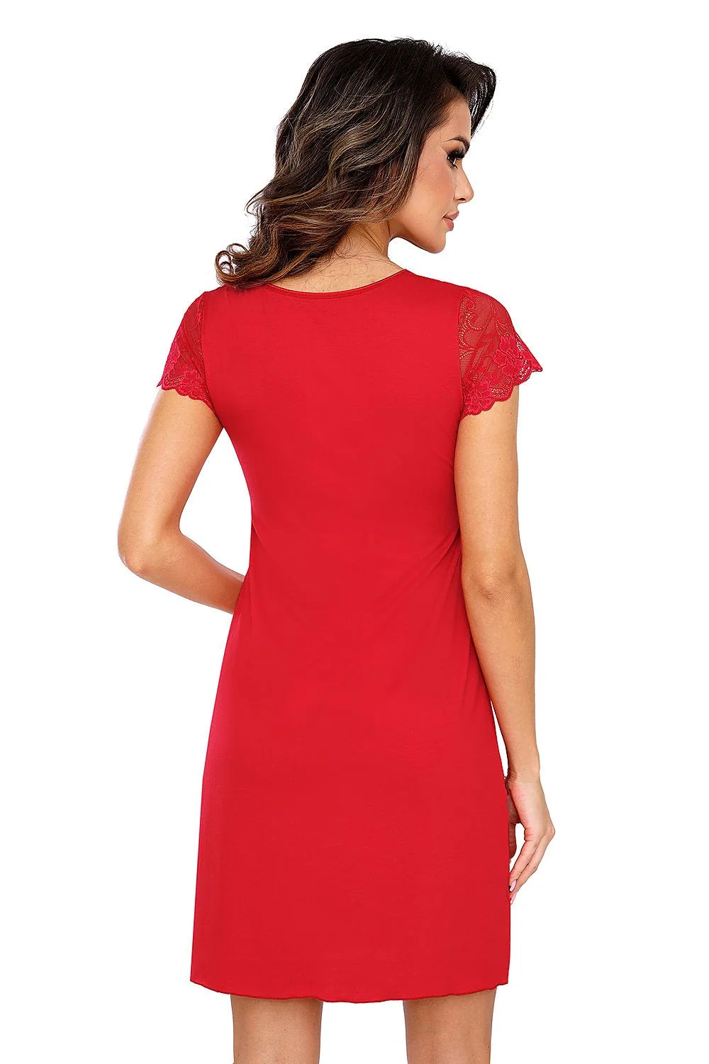 chemise nuit Donna élégante dentelle florale manches courtes viscose douce extensible élasthanne décolleté plongeant V rouge vif coupe empire confortable