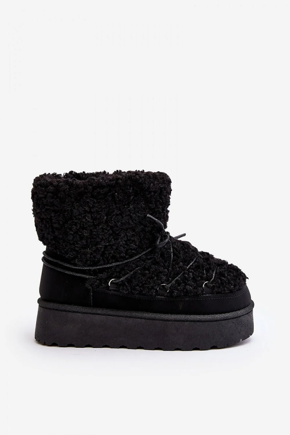 Bottines de neige pour femme en fausse fourrure noire texture bouclée style casual sophistication semelle caoutchouc antidérapante enfilage facile