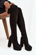 cuissardes noires suédine effet daim tige haute extensible fermeture éclair intérieure plateforme épaisse talon bloc haut maintien confortable silhouette élancée