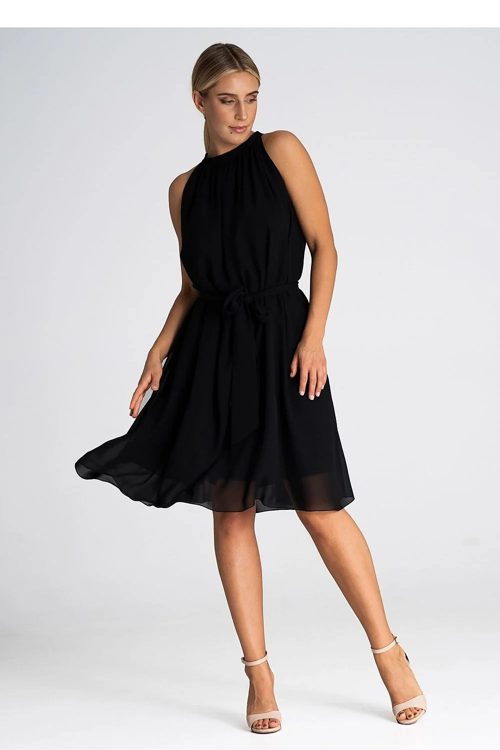 Robe de soirée élégante longue en mousseline de soie encolure dos nu ceinture ajustable pour femme