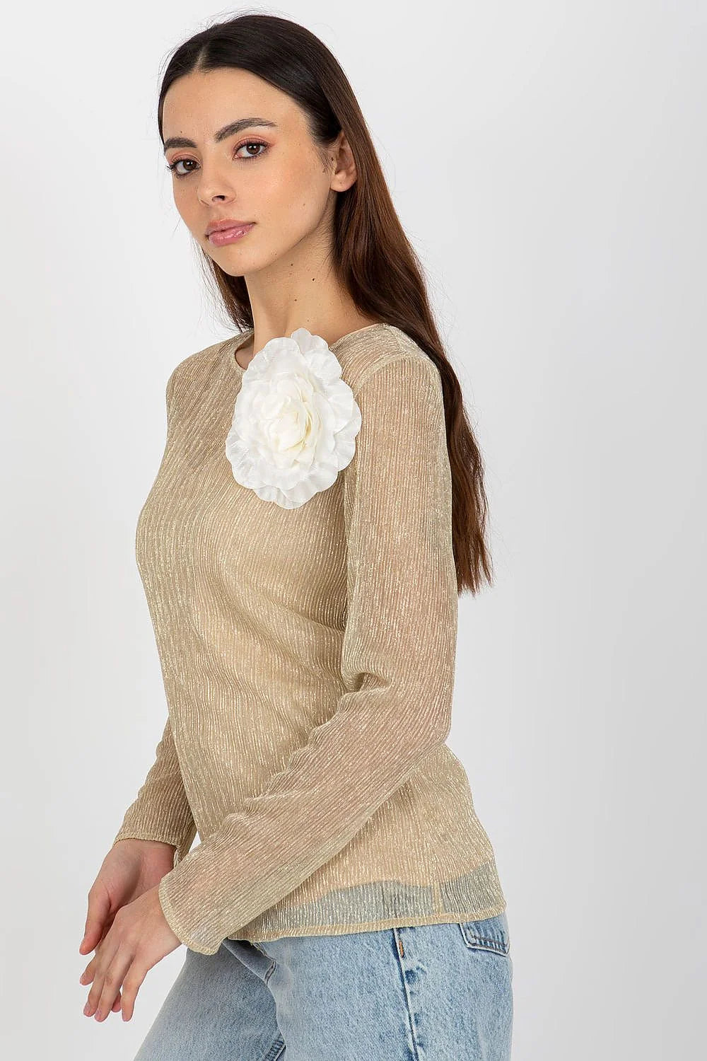 Chemisier Lakerta élégant pour femme en polyester 100% manches longues encolure ronde fleur décorative