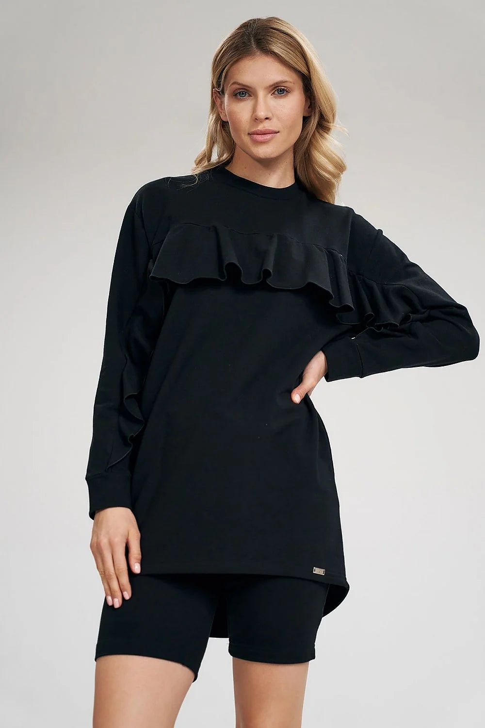 Ensemble femme coton élasthanne style décontracté élégant haut manches longues volants short tendance confortable