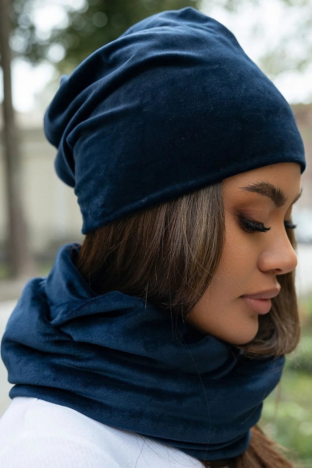 Ensemble IVON pour femmes, cap et snood en velours, couleur marine, haute qualité, doux et chaud, style élégant, automne hiver, cadeau parfait