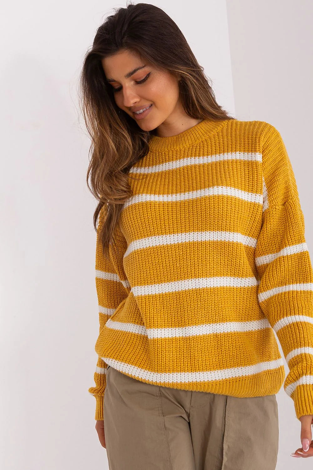 Pull rayures horizontales femme Chandail Badu acrylique doux manches longues encolure ronde style polyvalent jaune moutarde et blanc