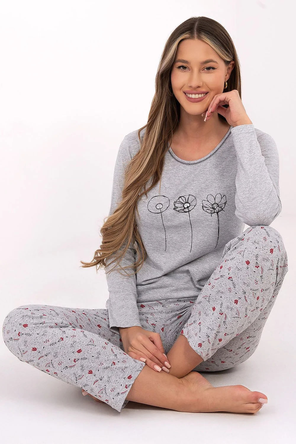 pyjama femme coton doux respirant confortable gris chiné manches longues encolure ronde motif floral linéaire noir pantalon imprimé