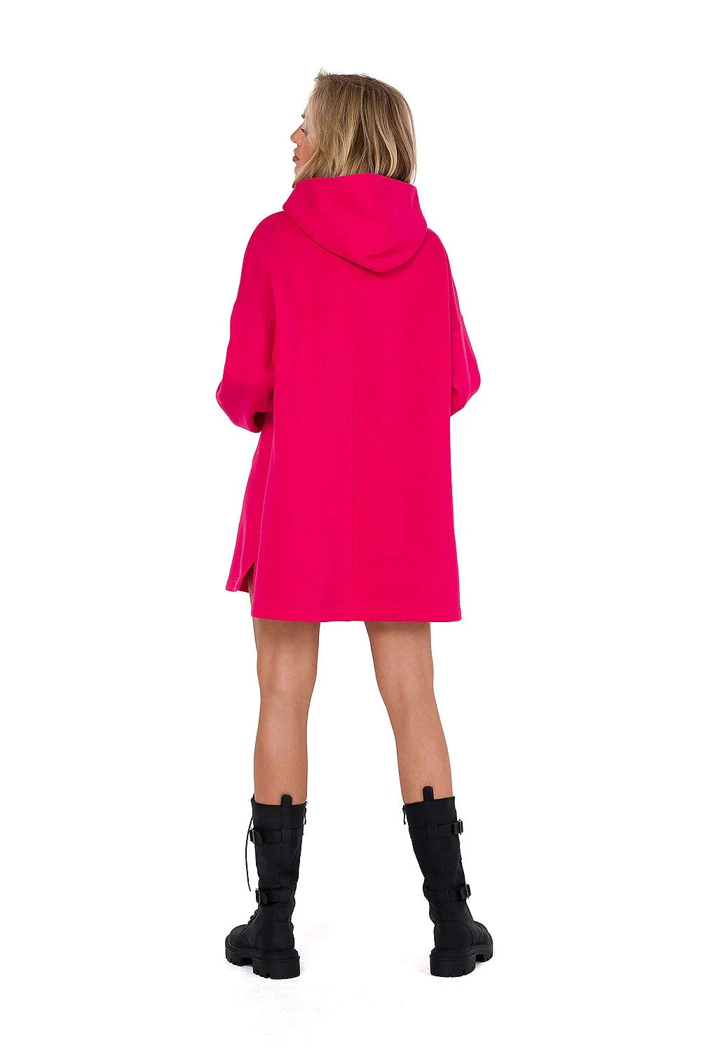 Robe sweat femme moderne couleur rose vif manches longues capuche poche kangourou coupe ample taille ajustable