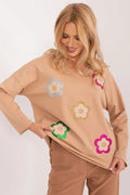 Pull-over sweater féminin casual floral appliques paillettes argento dorato verde rosa coton haute qualité beige clair femme usage quotidien