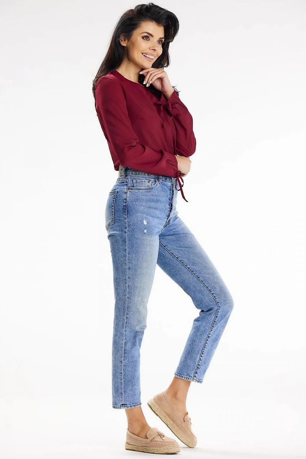 chemisier femme bordeaux manches longues nouées col rond coupe droite fluide léger polyester élasthanne poche fentes boutons polyvalent bureau chic
