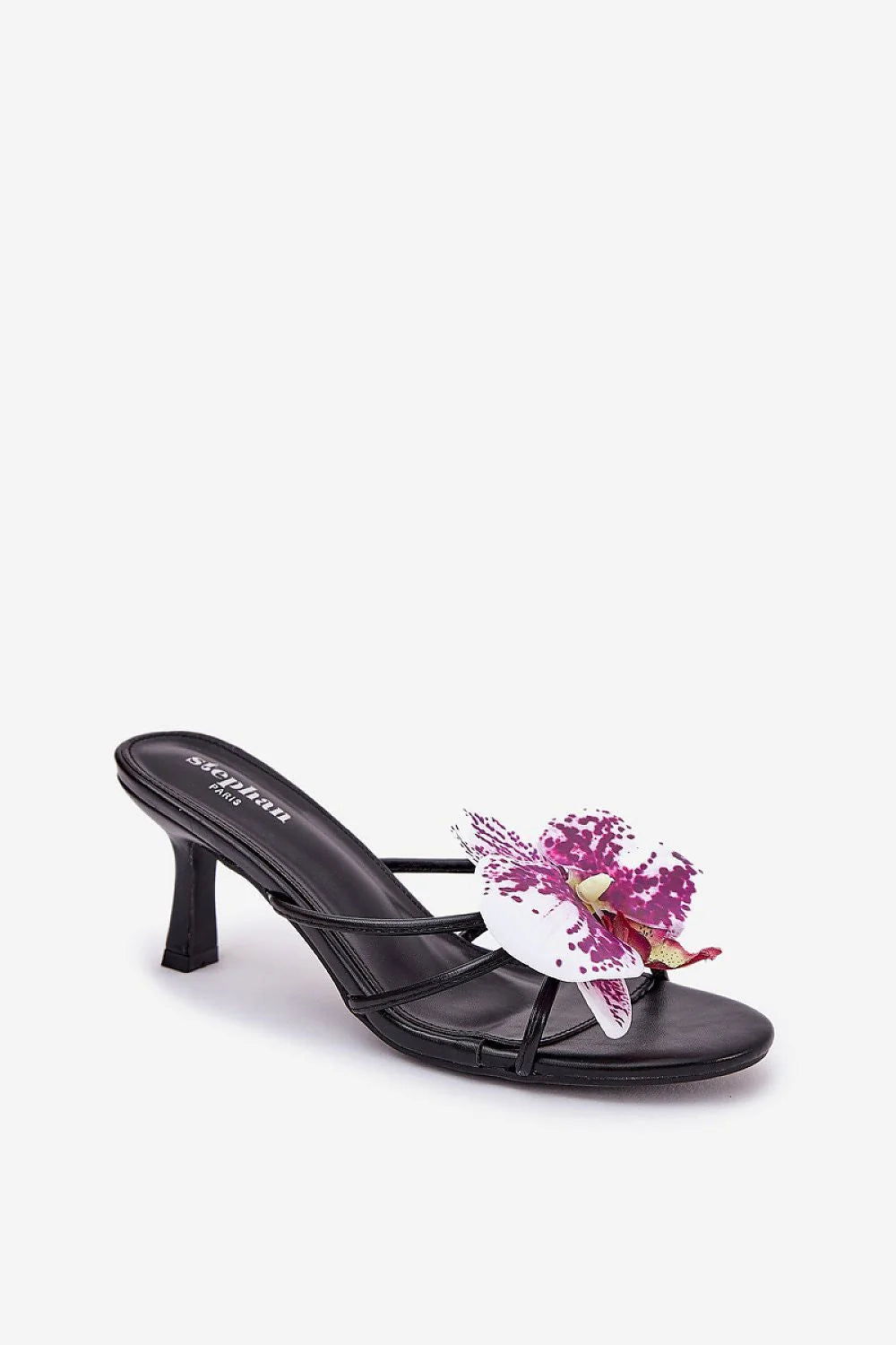 sandales femme élégantes florales similicuir noir orchidée blanche fuchsia violette plates minimalistes brides fines entredoigt bohème tropicale chic confortable durable