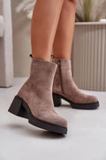 bottines femme élégantes suède taupe talon bloc carré tige cheville bout rond doublure chaude semelle caoutchouc noire antichoc