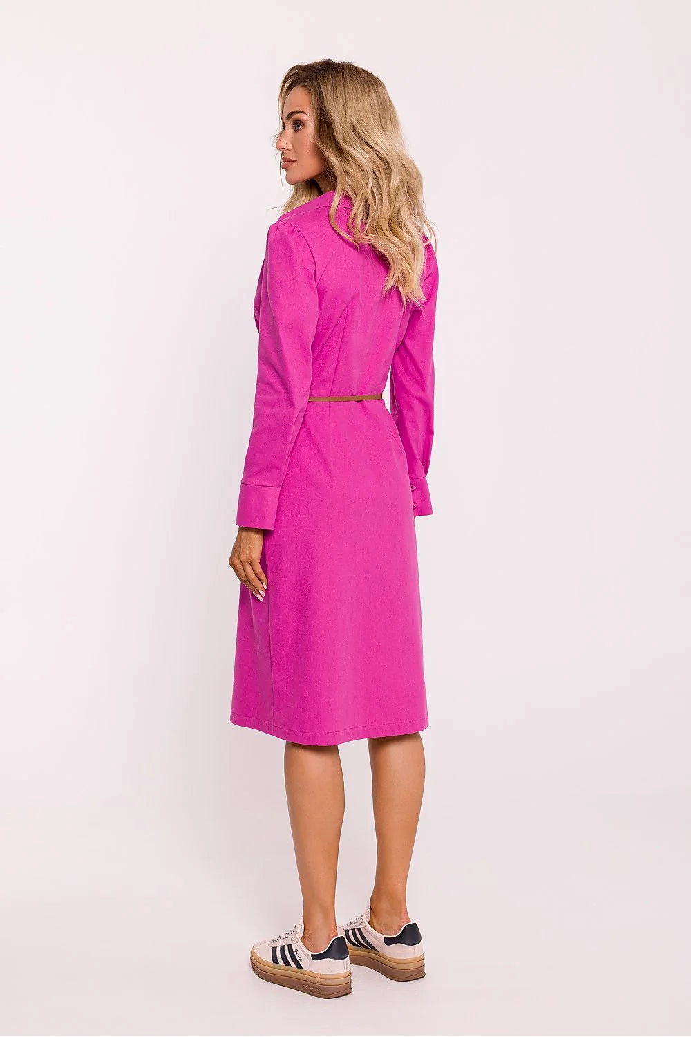 Robe de jour Moe chemisier classique en coton fuchsia longueur genoux ceinture manches longues boutonnage intégral femmes