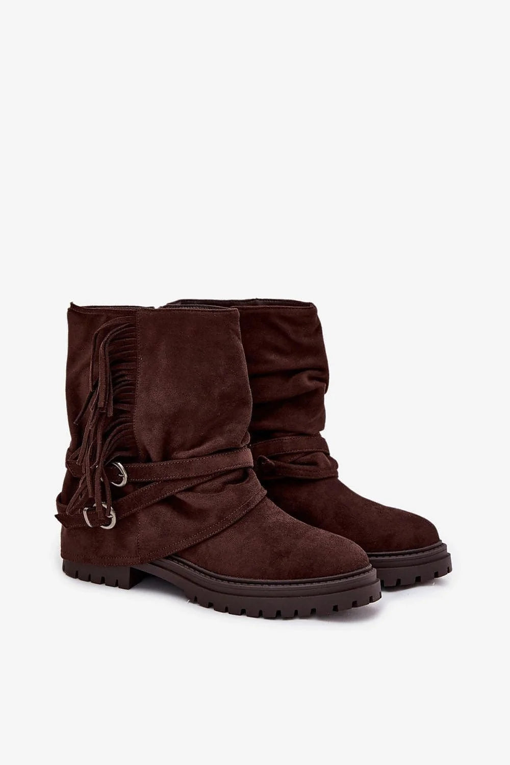 bottines femme suédine douce marron foncé effet daim mi mollet semelle crantée antidérapante franges sangles boucles anneaux métalliques fermeture éclair