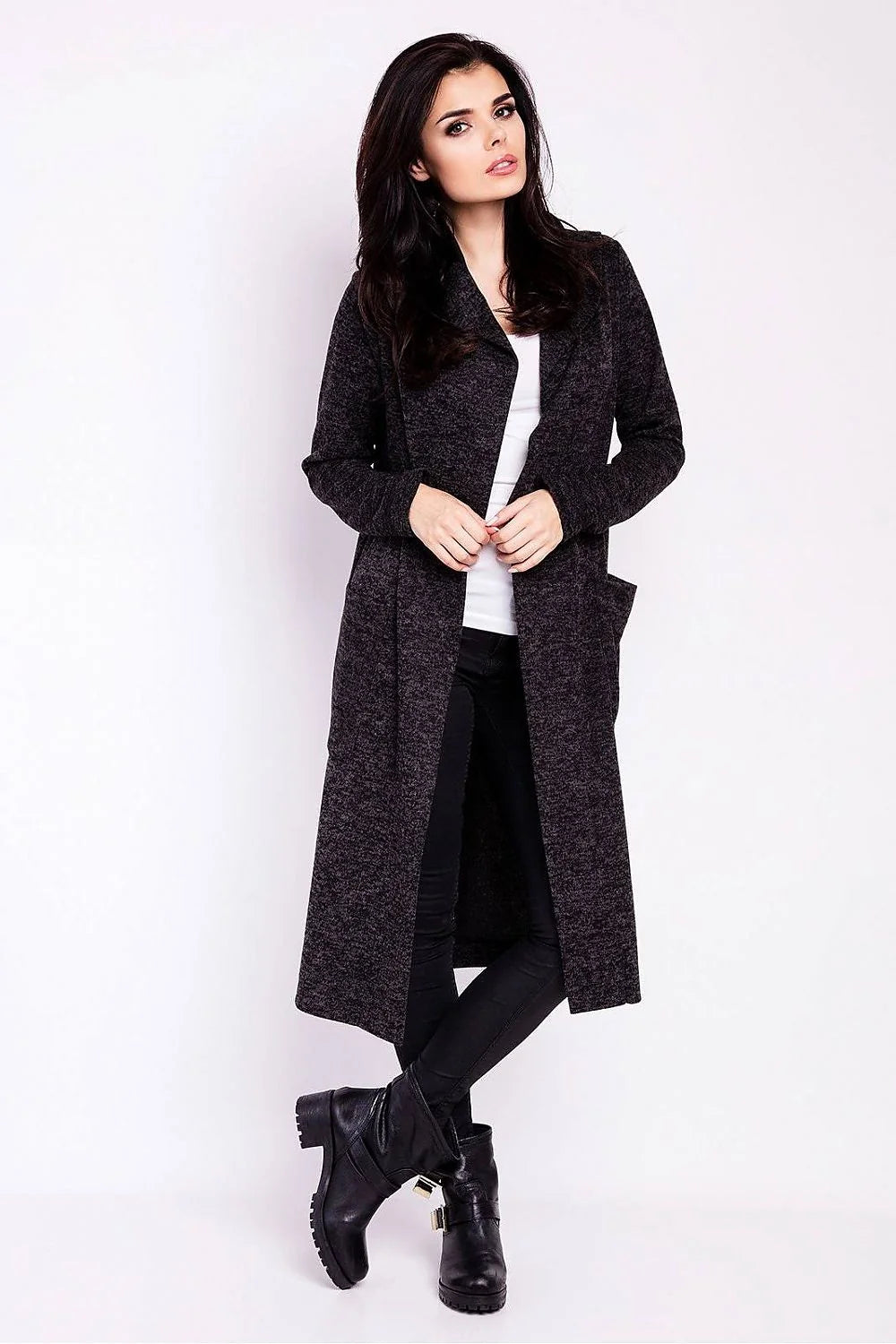 Cardigan long ample en laine bleu chiné élégant et confortable pour femmes modernes style décontracté chic