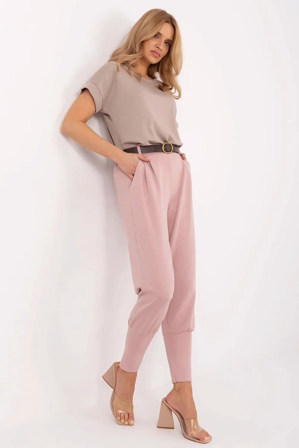 Pantalon survêtement élégant pour femme taille haute coupe droite rose pastel matelassé polyester viscose élasthanne