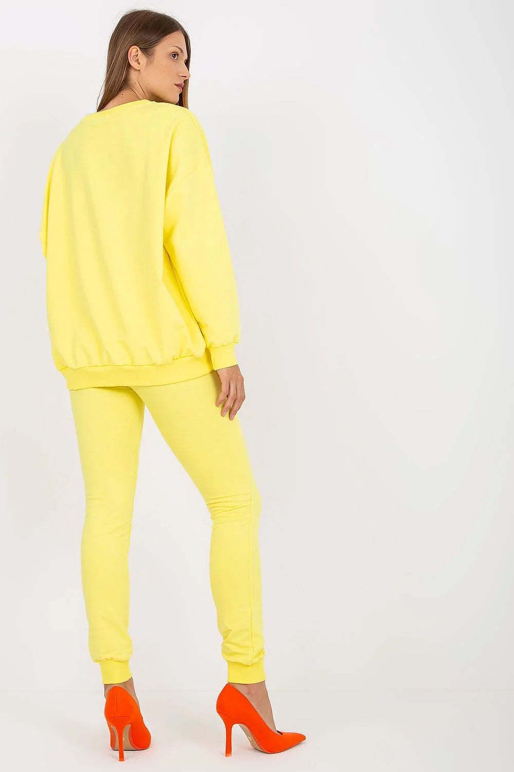 ensemble sportswear femme jaune canari oversize sweat manches longues legging slim taille élastique coton élasthanne molleton poches appliqué W orange