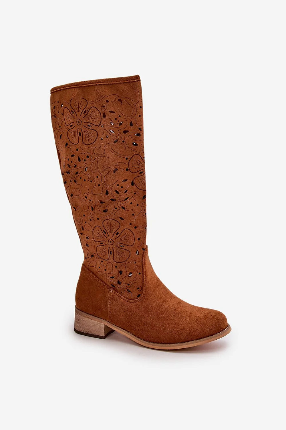Bottes ajourées femelles suédine écologique tige haute genou motif floral laser-cut talon modéré boucle arrondie style bohème-chic