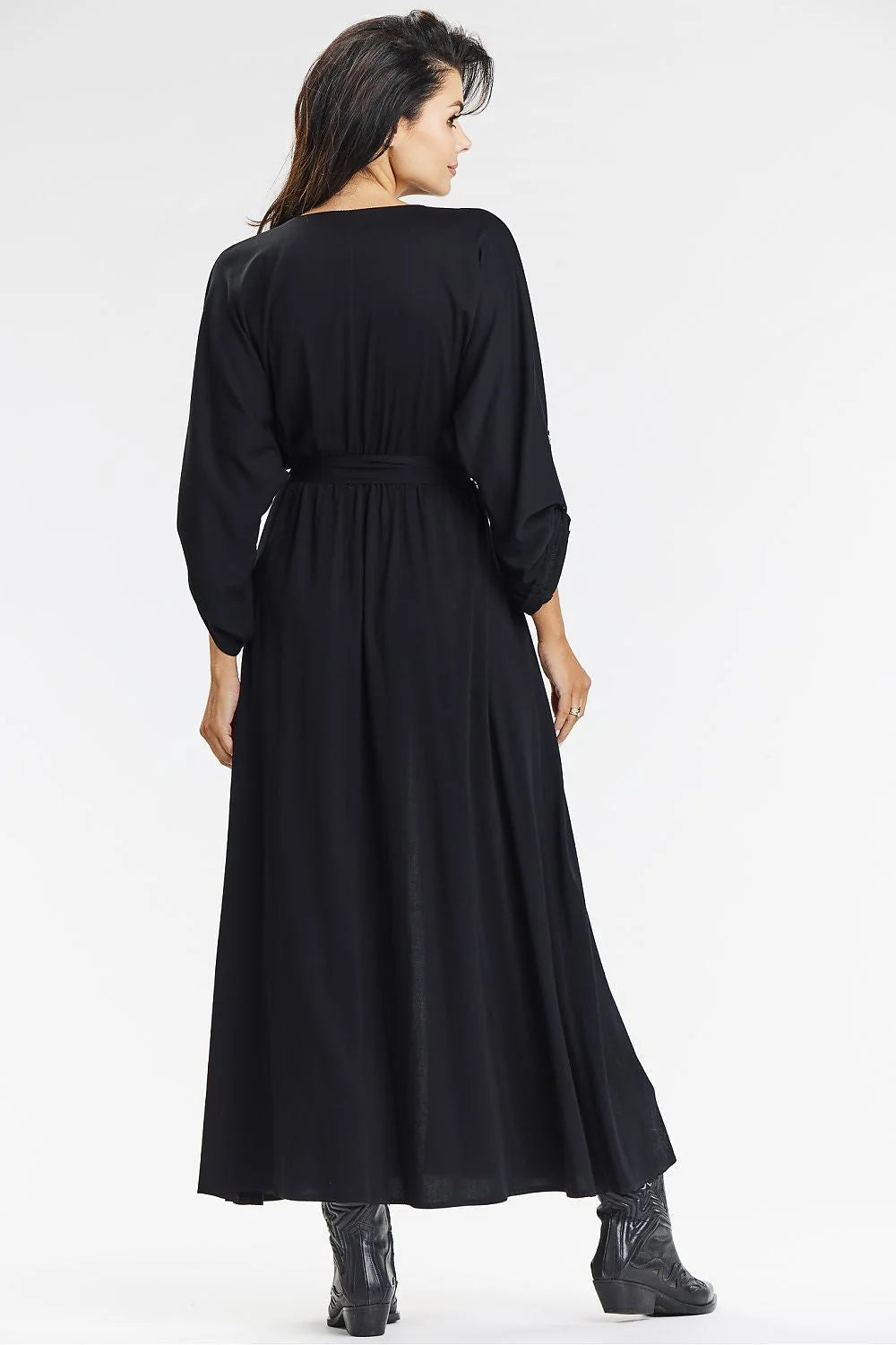 Robe longue en viscose noire style bohème chic manches longues en V croisé taille ajustable femmes
