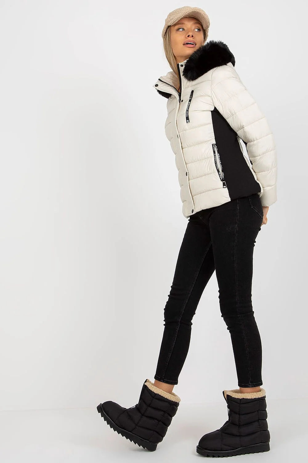 Veste d'hiver pour femme en duvet matelassée manches longues capuche détachable fourrure décorative fermeture éclair et boutons-pression polyester 100 %