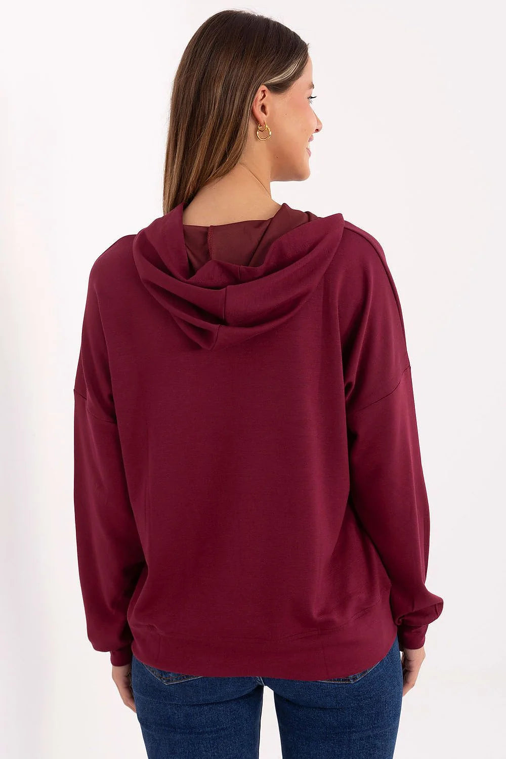sweatshirt bordeaux femme oversize capuche jersey doux manches longues poignets côtelés base côtelée appliques décoratives