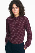 chemise femme manches longues col montant mao pois bordeaux rose pâle viscose fluide légère coupe ajustée poignets boutonnés professionnelle élégante