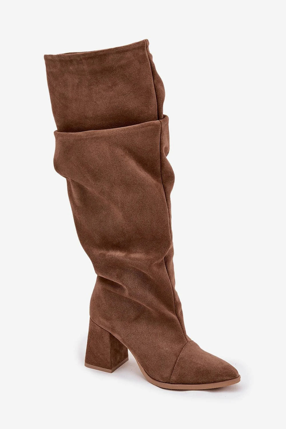 cuissardes suède daim marron chocolat tige haute froncée bout pointu talon colonne moyen stable enfilable doublure chaude féminine confortable