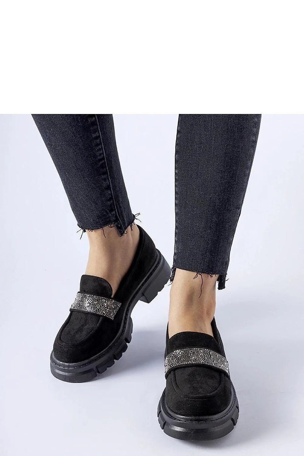 Mocassin pour femme design moderne élégant éco-suède daim noir strass argenté semelle épaisse crantée confortable été