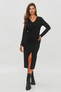 Robe de jour élégante Makadamia noire manches longues en coton jersey coupe ajustée pour femme