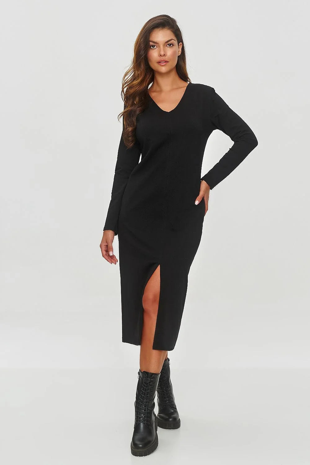 Robe de jour élégante Makadamia noire manches longues en coton jersey coupe ajustée pour femme