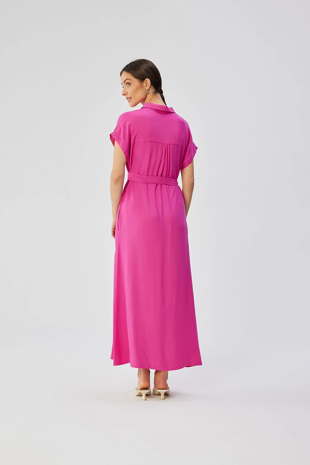 Robe longue fuchsia chemisier manches courtes col chemise ceinture ajustable robe élégante occasionnels femmes