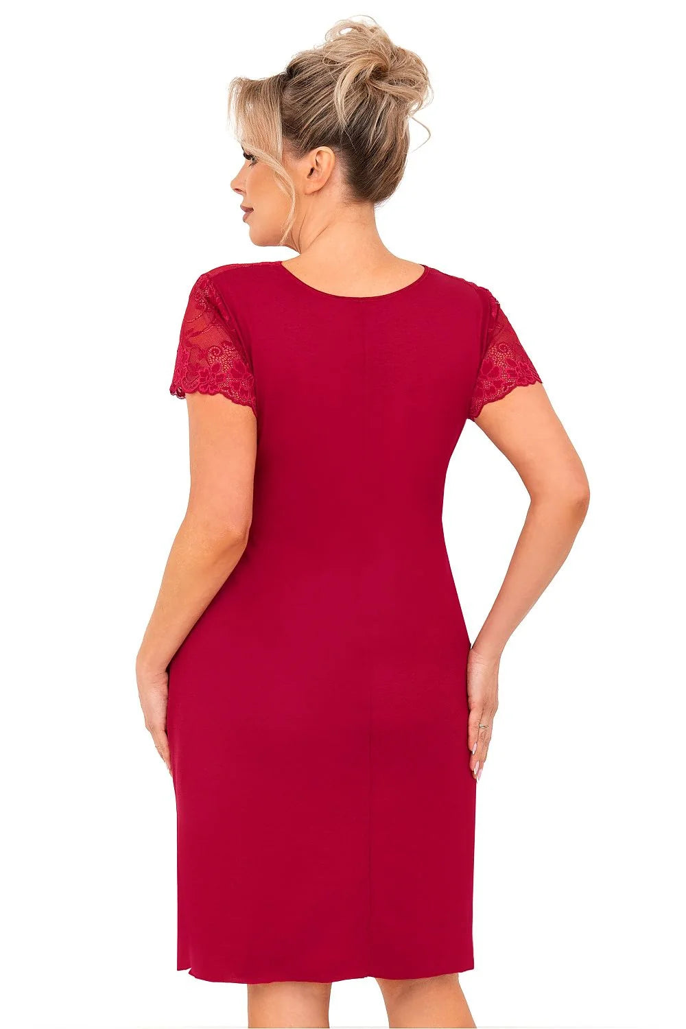 Robe empire élégante pour femme manches courtes dentelle encolure V couleur rouge vif tissu doux ajustée buste