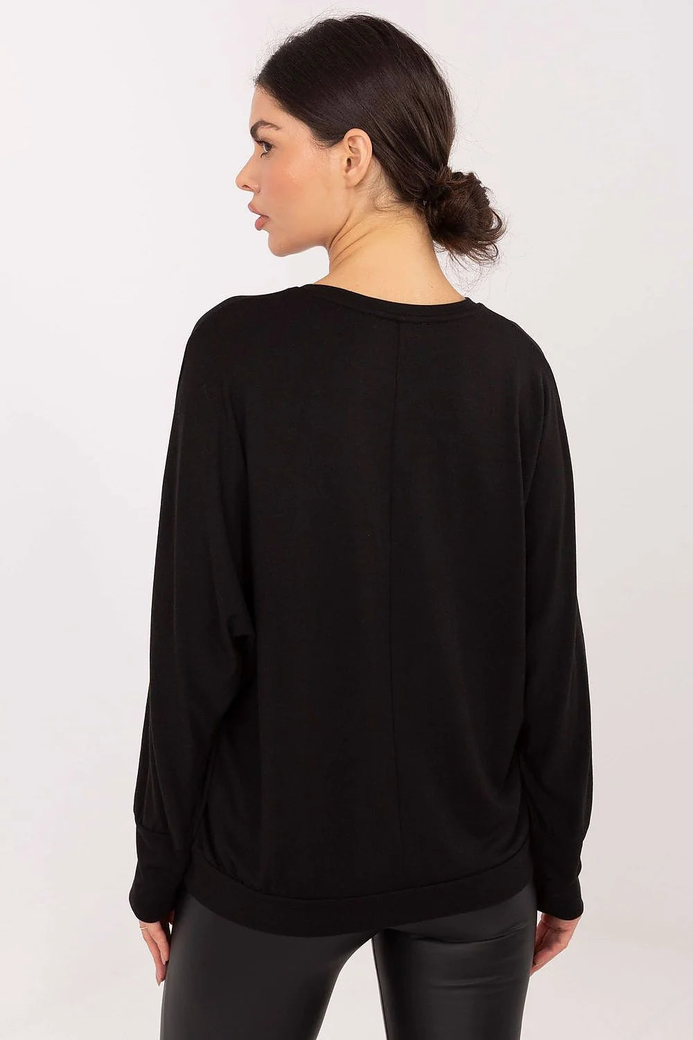 chemisier oversize noir col rond coupe ample manches longues bouffantes tricot fluide bords côtelés minimaliste casualchic micromodal élasthanne confortable