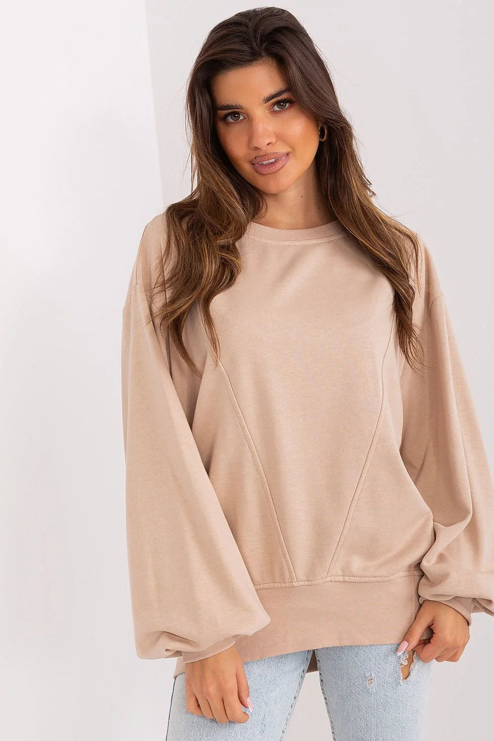 pull femme oversize beige col rond manches ballon coupe décontractée doux coton polyester couture V ourlet côtelé confortable polyvalent stylé