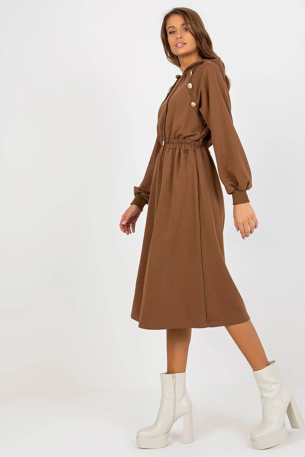 Robe de jour Relevance en coton et elasthanne, manches longues, capuche, boutons decoratifs, couleur verte, style casual, pour femme