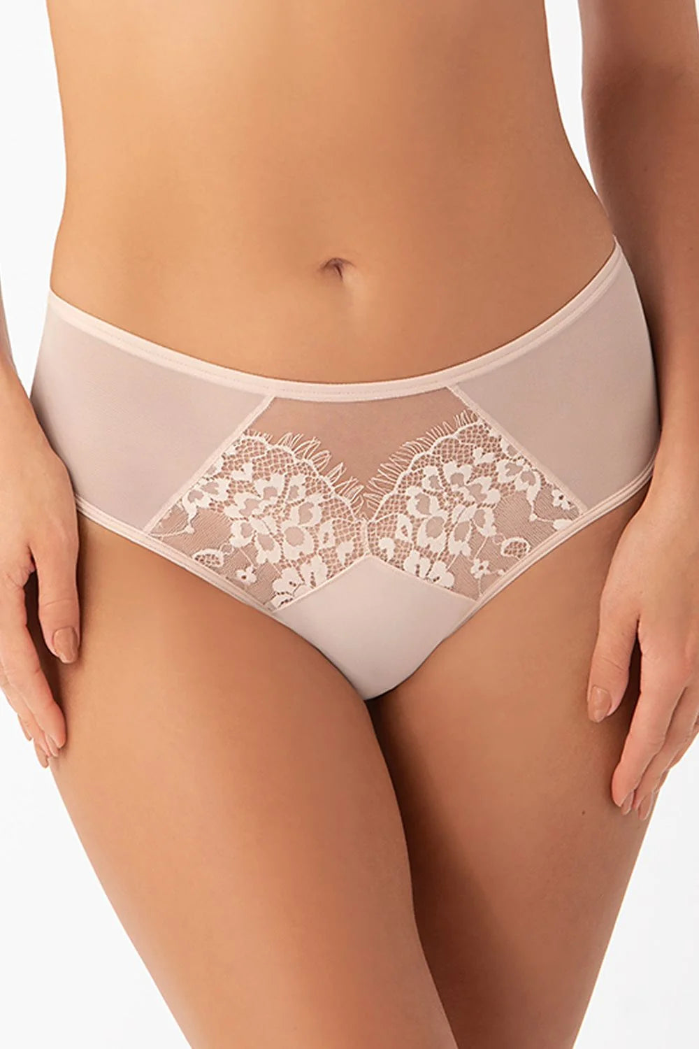 Culottes brésiliennes Gorsenia Lingerie design élégant dentelle florale couleur chair pêche pâle taille haute confort maintien ladies