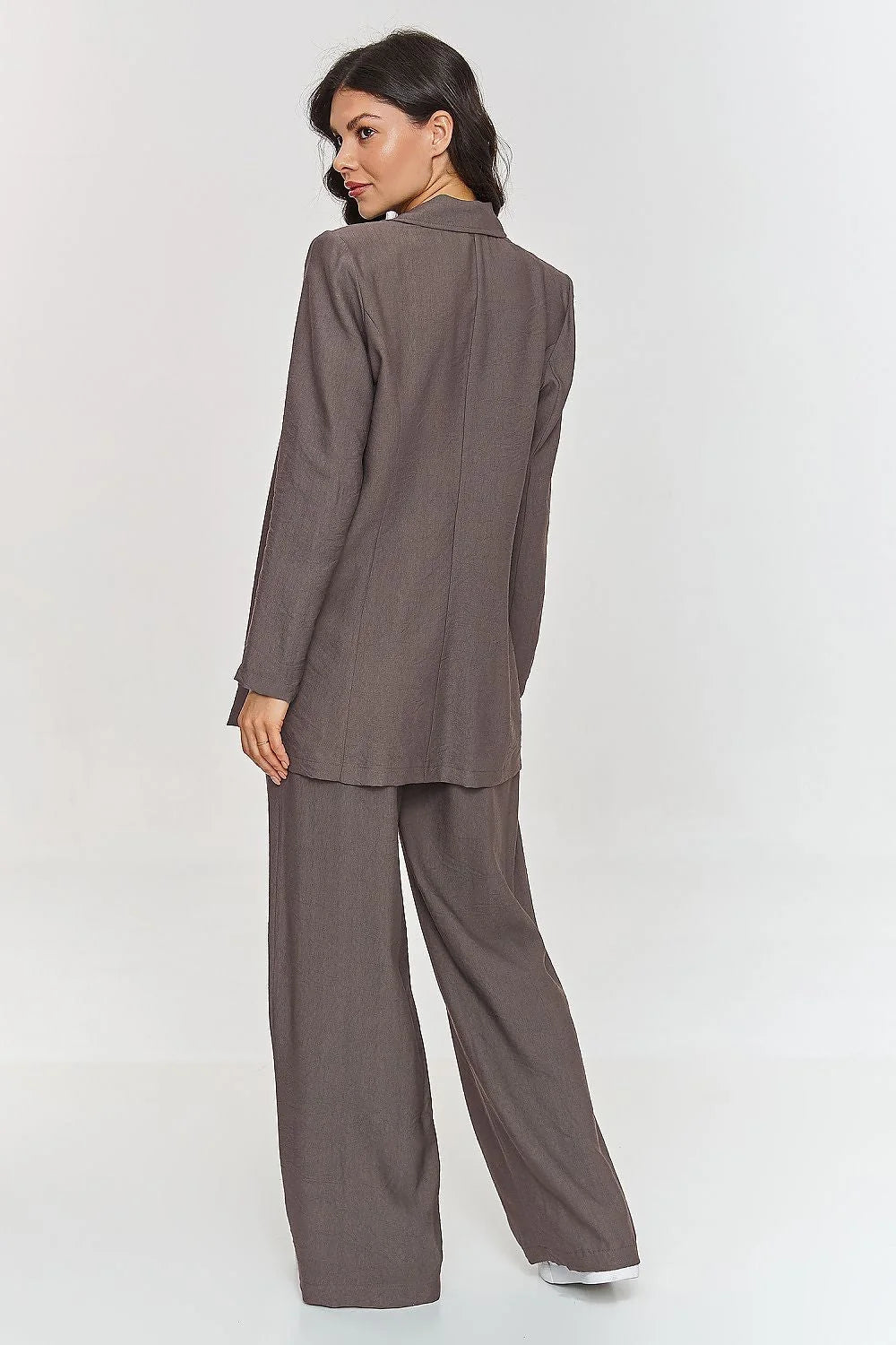 ensemble makadamia femme taupe blazer ceinturé sans boutons col tailleur veste longue pantalon palazzo large taille élastique