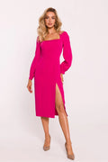 Robe de jour Moe longueur midi manches longues encolure carrée finitions élégantes couleur fuchsia taille ajustable robe femme style moderne occasions semi-formelles polyvalente tissu de qualité