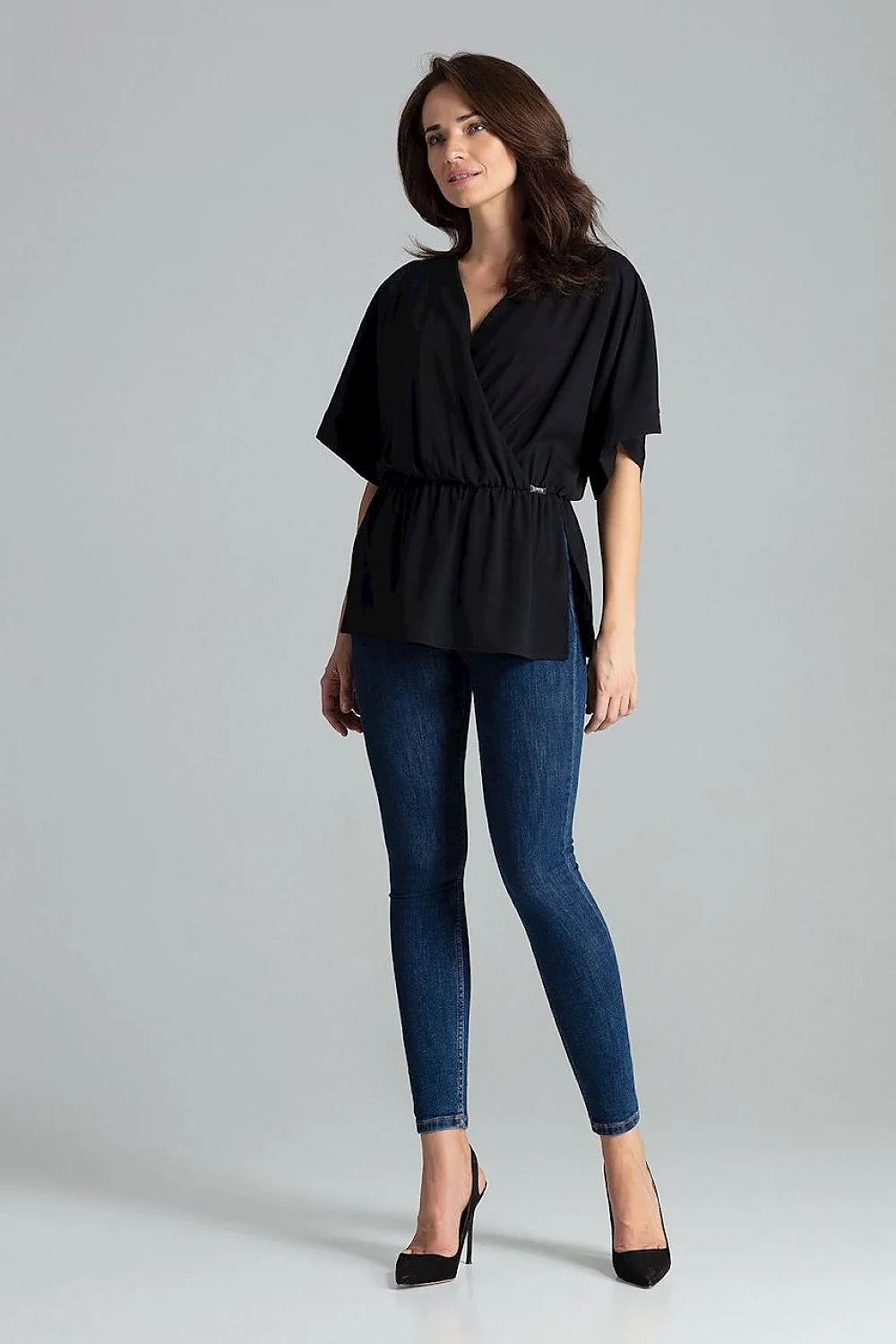 chemisier ample beige Lenitif manches kimono col V cachecoeur élégant tendance femme moderne fluide taille élastique fronces crêpe casualchic blousant