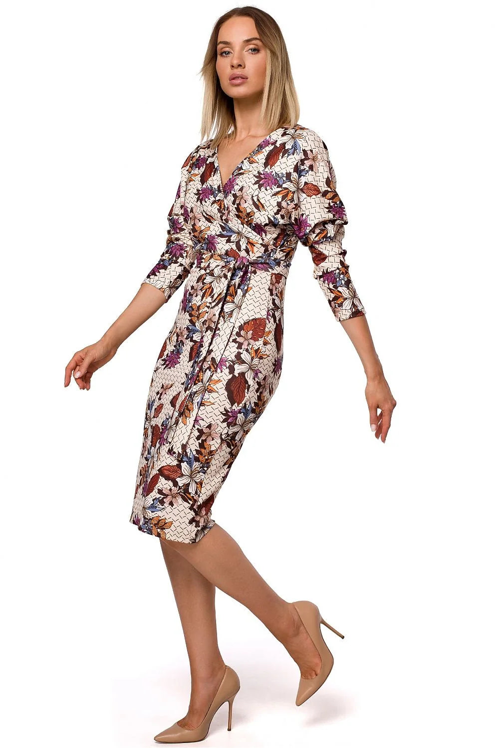 Robe élégante en tricot stretch bleu motifs géométriques chic croisée ceinturée pour femmes modernes