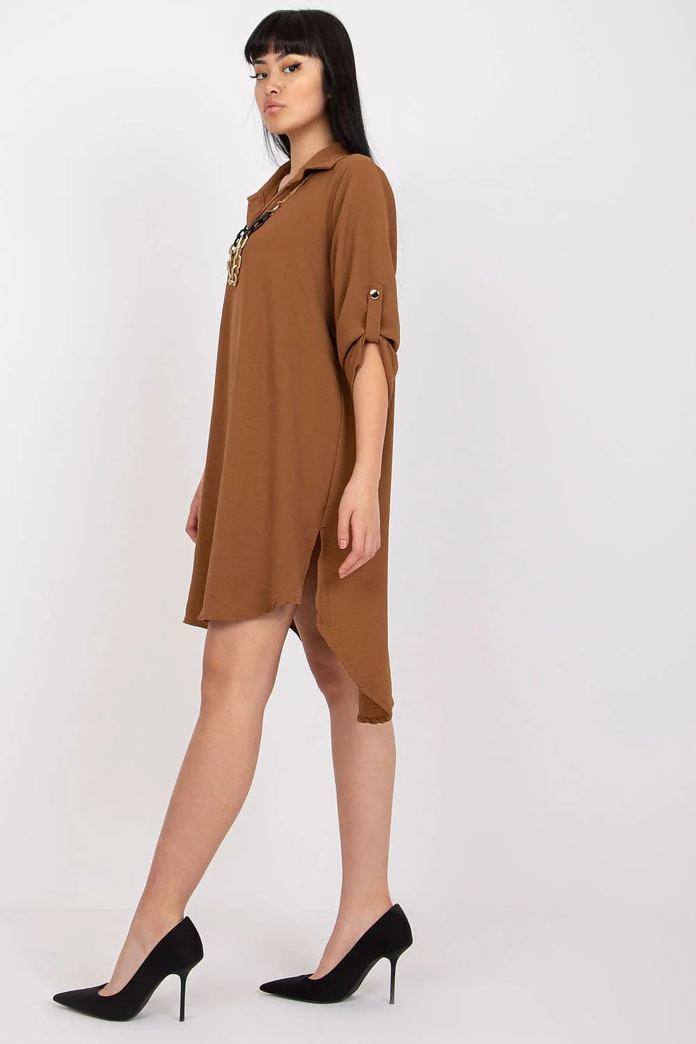 Robe de jour Italy Moda asymétrique manches longues col ouvert en V ceinture métal polyester elasthanne robe décontractée style moderne occasion multiple